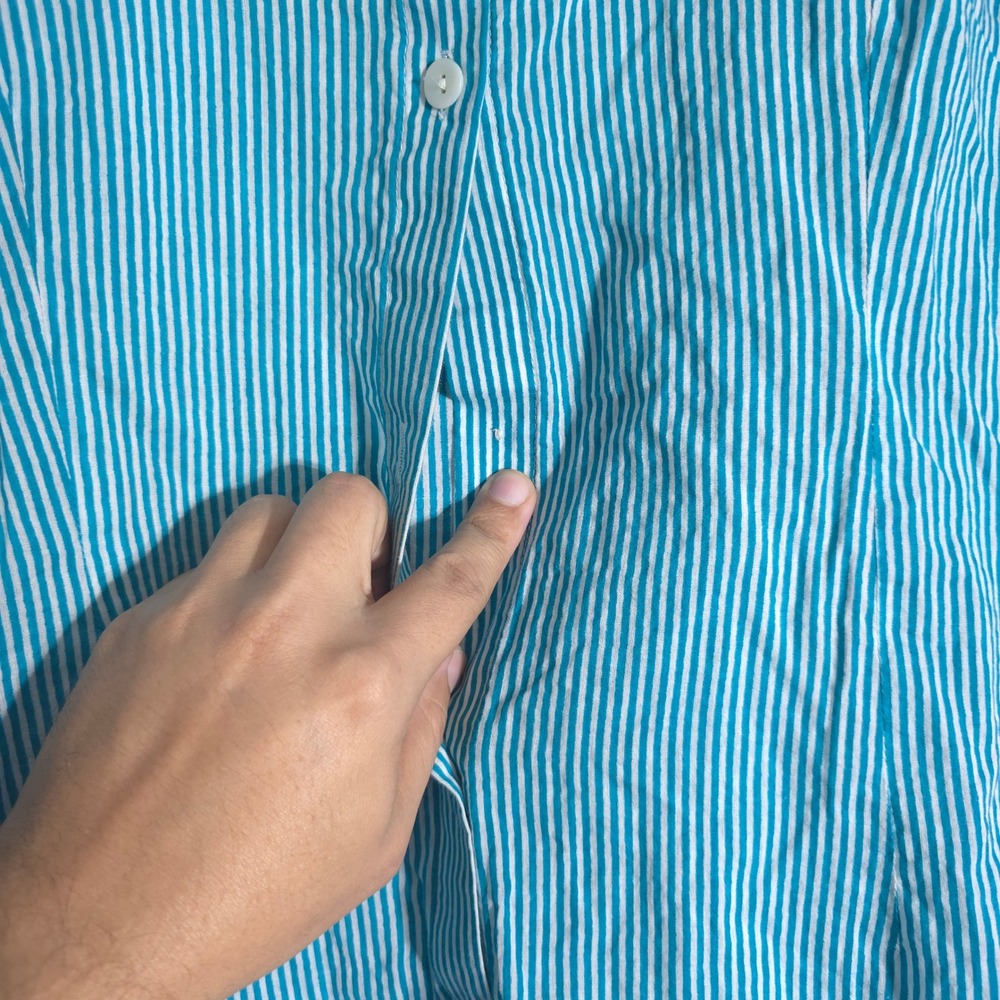 Gretchen Scott Shirt Womens L Turquoise White Striped Button Down Linen Top - Picture 3 of 11